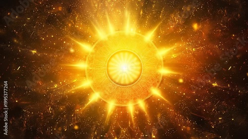 Abstract glowing sunburst design against a cosmic background