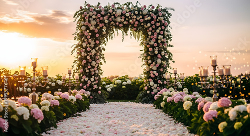 Romantic Sunset Wedding Arch with Floral Decorations, Candlelight and Garden Ceremony Setup