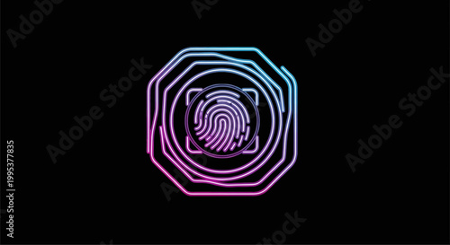 Futuristic neon fingerprint biometric security access authentication glowing digital identity