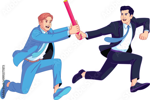 Two businessmen running and fighting with baton in hand aggressively  office rivalry concept