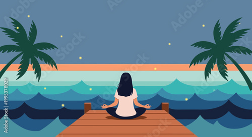Woman practices meditation and mindfulness for wellness on a serene ocean pier at sunset focusing on her chakra
