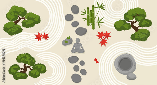 A serene garden scene with a person meditating amidst stones and trees for wellness and mindfulness.