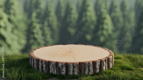 Natural Wood Slice Podium for Product Display in Forest Background