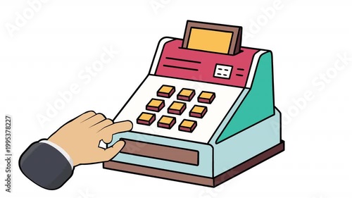 Cash register with hand. Cash register animation, alpha channel. Cartoon
