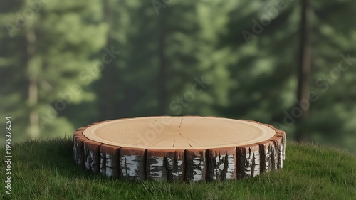 Natural Tree Stump Podium in a Lush Forest for Product Display