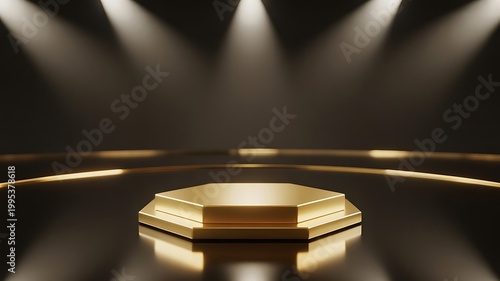 3D Luxurious Gold Hexagonal Podium Stage on Dark Background with Spotlights
