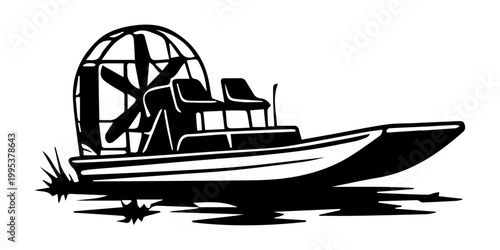 Tableau sur toile Black and white airboat vector illustration, swamp fan boat silhouette design