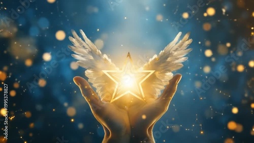 Hands reaching for a glowing star with wings against abstract background