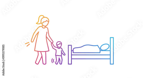 Family bedtime routine illustration with mother and child next to sleeping parent