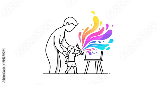 Touching illustration of a parent helping a child paint a masterpiece with an explosion of vibrant