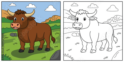 Cute Cartoon Brown Bull , funny illustration, coloring book for kids and children