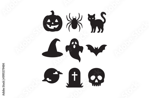 A collection of spooky halloween silhouettes including pumpkins spiders and ghosts