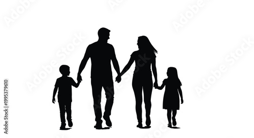 Happy family silhouette walking together hand in hand as a cohesive unit isolated on a plain white background presented as a clean minimalist vector graphic illustration for use in professional market