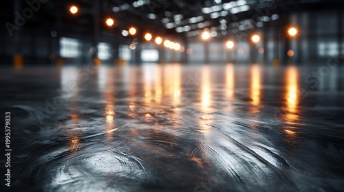 Empty warehouse floor with reflections of warm lights creating an abstract and moody atmosphere.