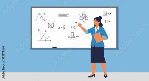 A female teacher explaining mathematical equations on a whiteboard.