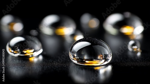 Macro Shot of Water Droplets on a Dark Surface.