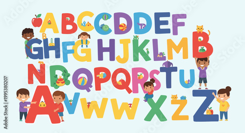 Colorful Alphabet Letters with Cheerful Children Learning.