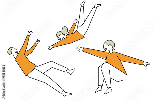 宙を舞う三人家族の線画イラスト