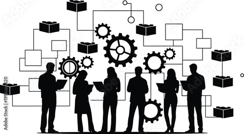 Business People Silhouettes with Gears and Flowchart