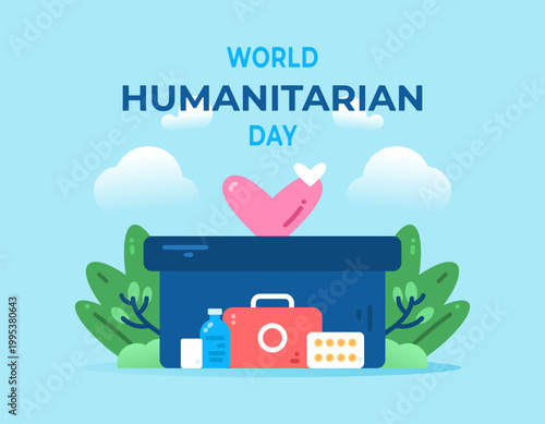 International Humanitarian Day concept. Donation, charity, almsgiving. Illustration of aid box, heart symbol, medicine, drink. Caring and assistance. Symbols, elements, banner, flat style. Blue 