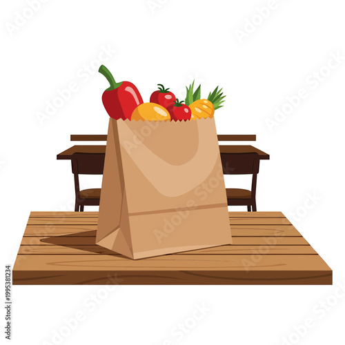 Grocery bag with fresh vegetables on wooden table vector
