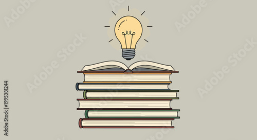 Stack of Books with Glowing Light Bulb Above.