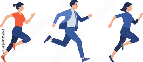Three people running in business casual clothes side by side fast pace