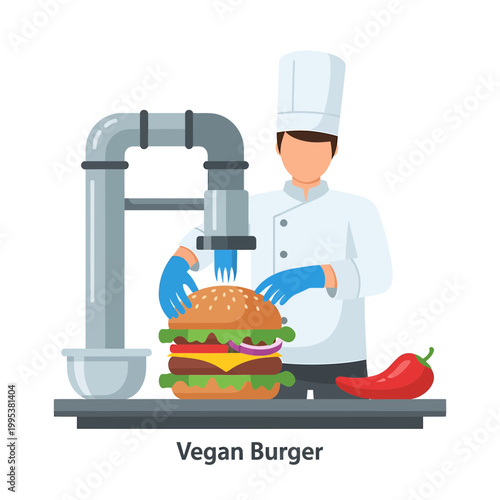 Chef preparing industrial plant based meat vegan burger illustration