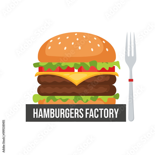 Double Cheeseburger Illustration with Fork and Text Banner