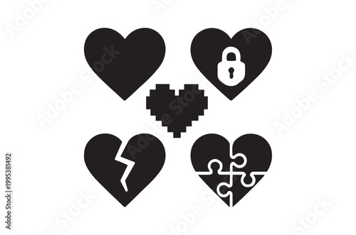 Variety of black heart icons depicting love security and heartbreak