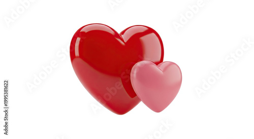 Two Glossy Hearts, One Red, One Pink, on White Background