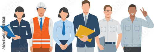 Diverse group of business professionals and workers standing together