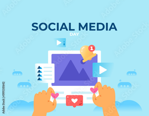 Social Media Day concept. Illustration of a hand giving a like to an image or video content post. Communication, interaction, and information technology. Symbols, elements, banners, flat style. Blue 