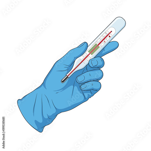 Hand in Blue Glove Holding Medical Thermometer Illustration
