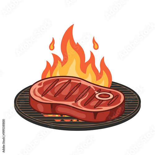 Grilled beef steak on flaming barbecue grill vector illustration
