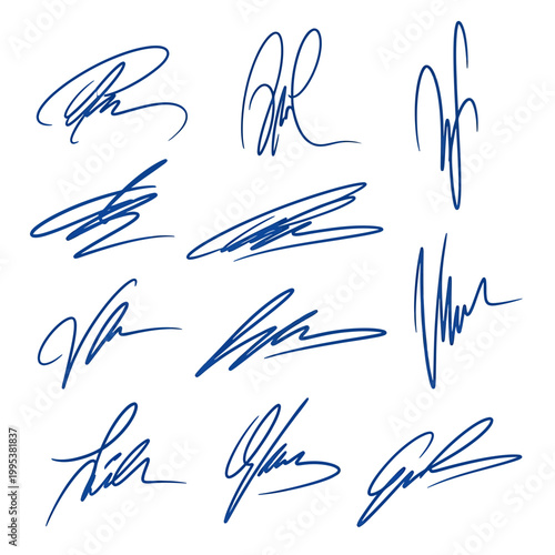 Collection of Various Hand Drawn Blue Ink Signatures Vector