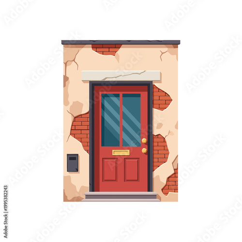 Red entrance door on aged weathered brick and plaster wall vector