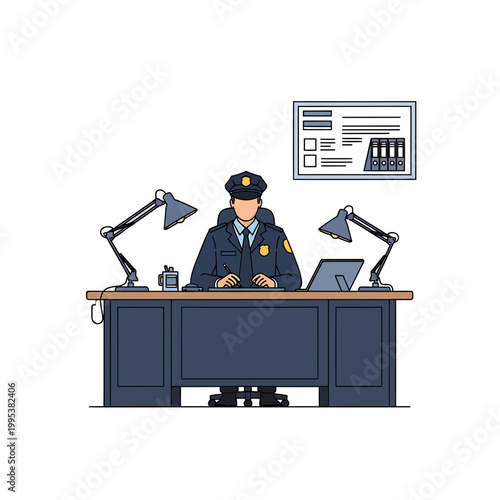 Police officer sitting at desk in station office vector illustration