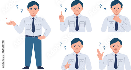 Cartoon man in shirt and tie with various puzzled expressions  business concepts