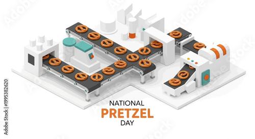 Isometric illustration featuring National Pretzel Day with pretzels moving on a conveyor belt through a stylized bakery factory, rendered in a clean, modern vector style against a white