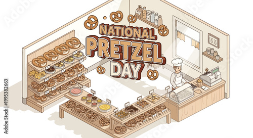Isometric illustration celebrating National Pretzel Day, showcasing a bakery brimming with traditional German pretzels and other baked goods, presented in a vector design with a warm color