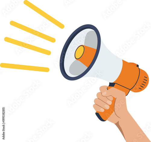 Hand holding an orange and white megaphone with yellow sound waves