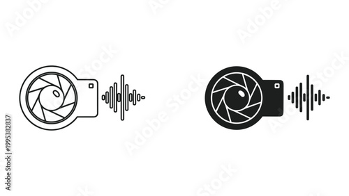 Camera shutter and sound wave icons in black and white on white background