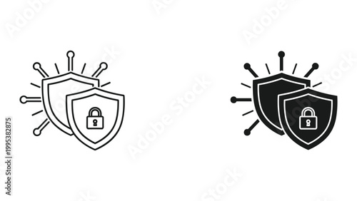 Black and white line icons of shield and lock with virus protection isolated on white background for cybersecurity concept