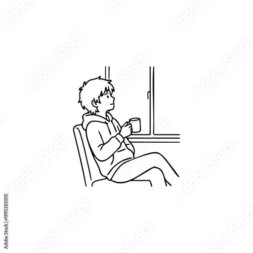 Man Relaxing by The Window with Coffee Line Art