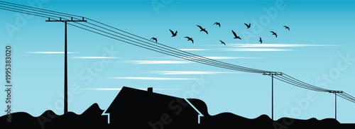A minimalist image depicts a flock of birds soaring near high-voltage power lines against a serene blue sky with wispy clouds. A dark rooftop is visible.