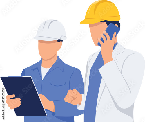 Two construction workers in hard hats talking on phone and holding clipboard