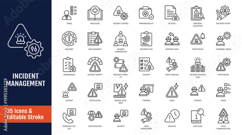 Incident management icon set. Icons related to incident, response, emergency, mitigation, preparedness, recovery, and more. Outline icon with Editable stroke. Vector illustration
