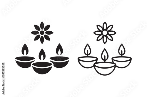 Black and white illustration of traditional oil lamps and floral designs