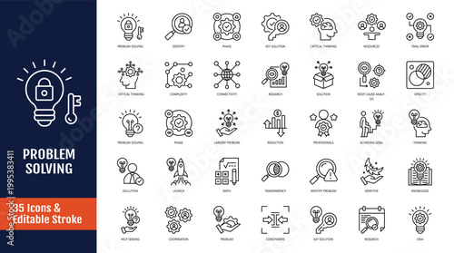 Problem Solving icon set. Icons related to Problem, Solution, logic, strategy, thinking, process, decision, idea, and more. Outline icon with Editable stroke. Vector illustration